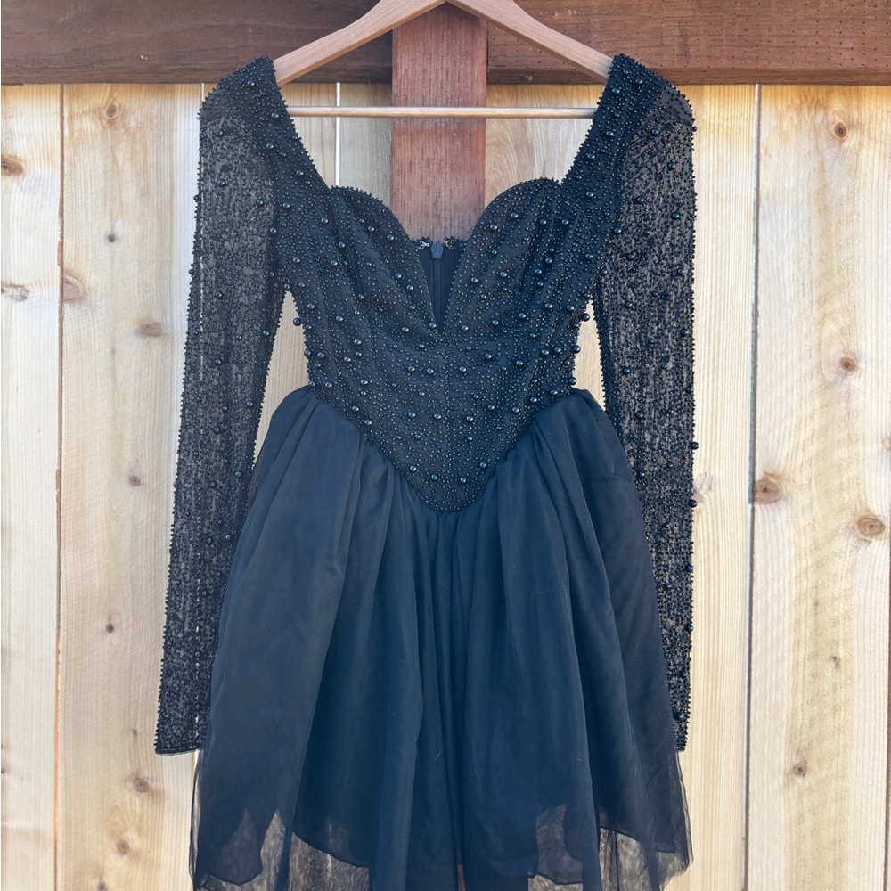 Oh Polly Black Beaded Long Sleeve Dress